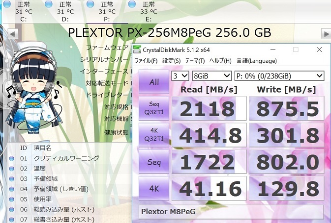 PLEXTOR M8PeG-06 256GBでCrystalDiskMark 8GiB
