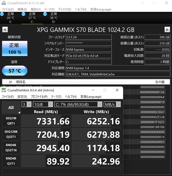 ADATA XPG GAMMIX S70 BLADEのCrystalDiskMark結果(1GiB)