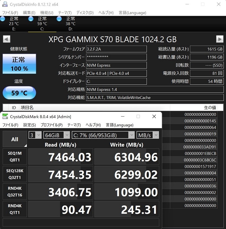 ADATA XPG GAMMIX S70 BLADEのCrystalDiskMark結果(64GiB)