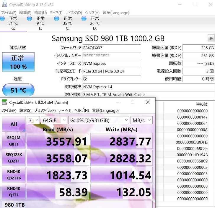 SAMSUNG SSD 980でCrystalDiskMark結果(64GiB)