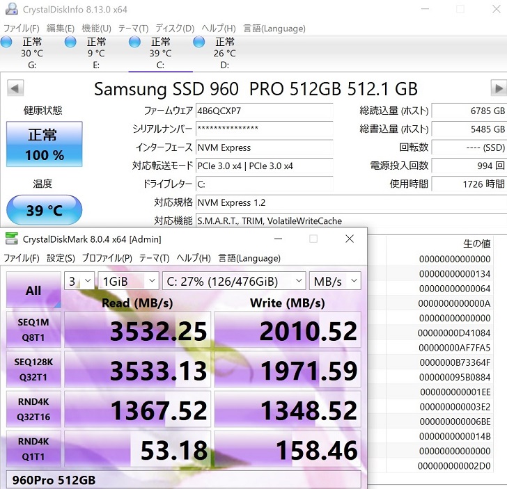 SAMSUNG SSD 960PROでCrystalDiskMark結果(1GiB)
