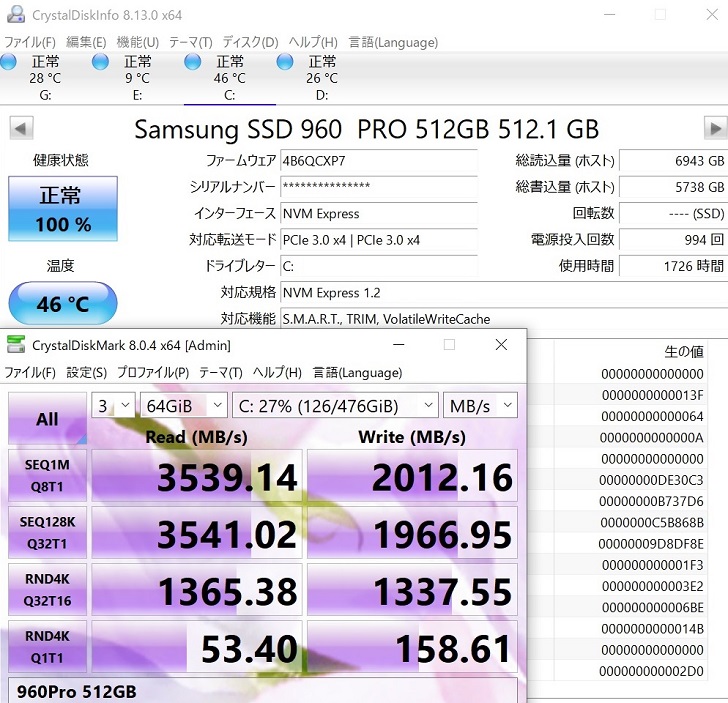 SAMSUNG SSD 960PROでCrystalDiskMark結果(64GiB)